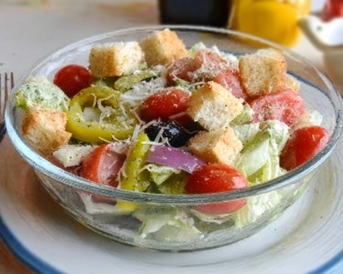 Delicious copy cat Olive Garden salad recipe with fresh ingredients and dressing