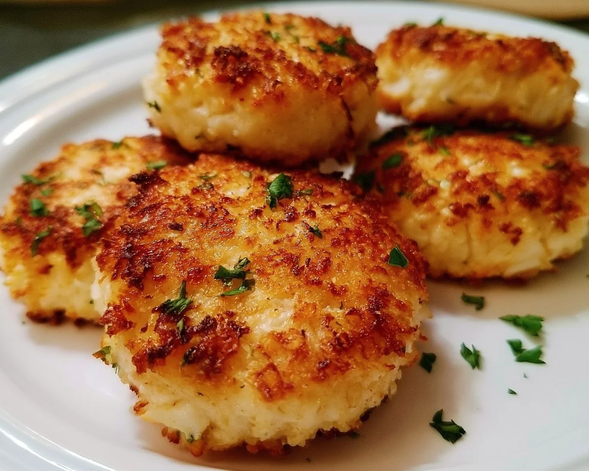 Delicious homemade crab cakes served with lemon and herbs
