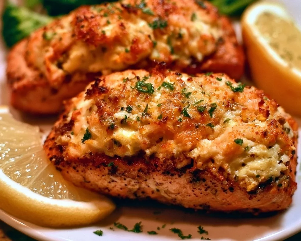 Delicious platter of crab stuffed salmon garnished with herbs