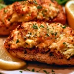 Delicious platter of crab stuffed salmon garnished with herbs