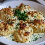 Delicious crab stuffed shells topped with creamy Alfredo sauce on a plate.