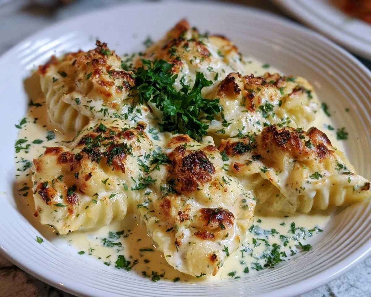Delicious crab stuffed shells topped with creamy Alfredo sauce on a plate.