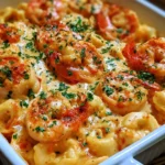 Creamy Cajun shrimp tortellini bake topped with herbs and cheese