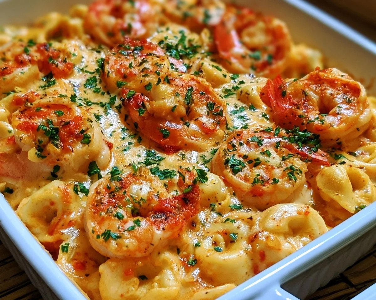 Creamy Cajun shrimp tortellini bake topped with herbs and cheese
