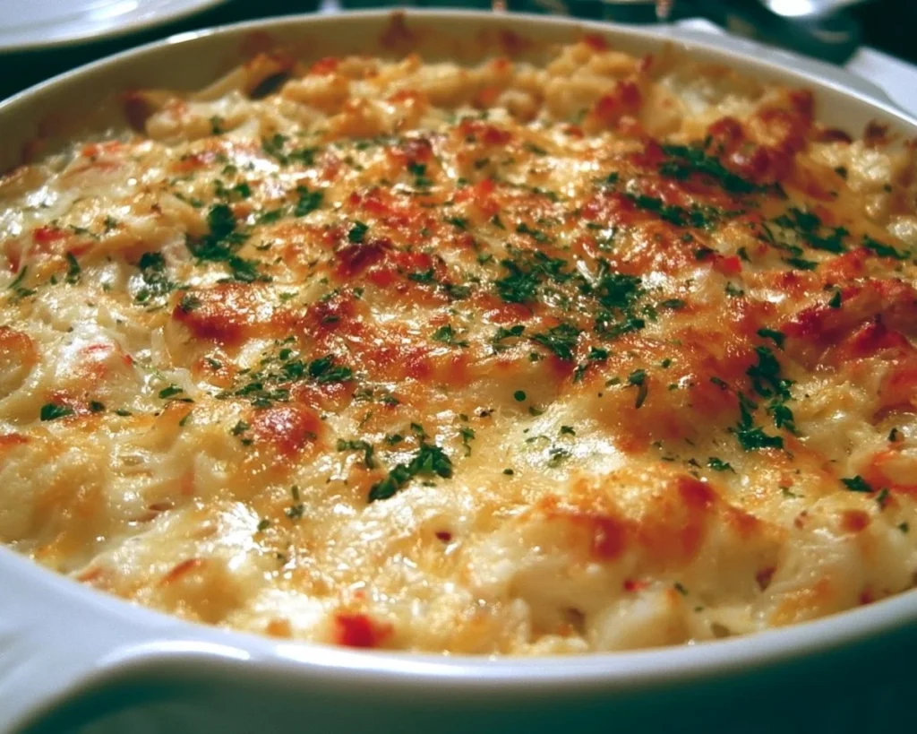 Delicious creamy crab casserole served in a baking dish