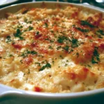 Delicious creamy crab casserole served in a baking dish
