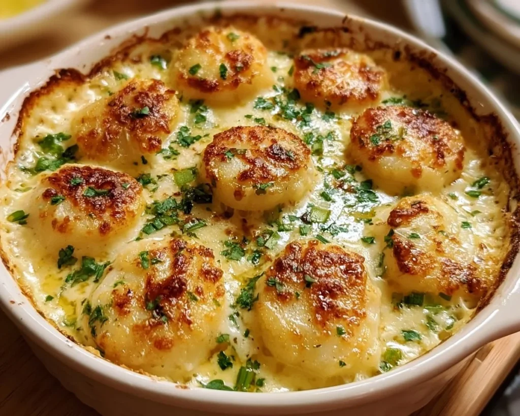 Delicious creamy garlic butter scallop bake served in a dish