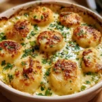 Delicious creamy garlic butter scallop bake served in a dish