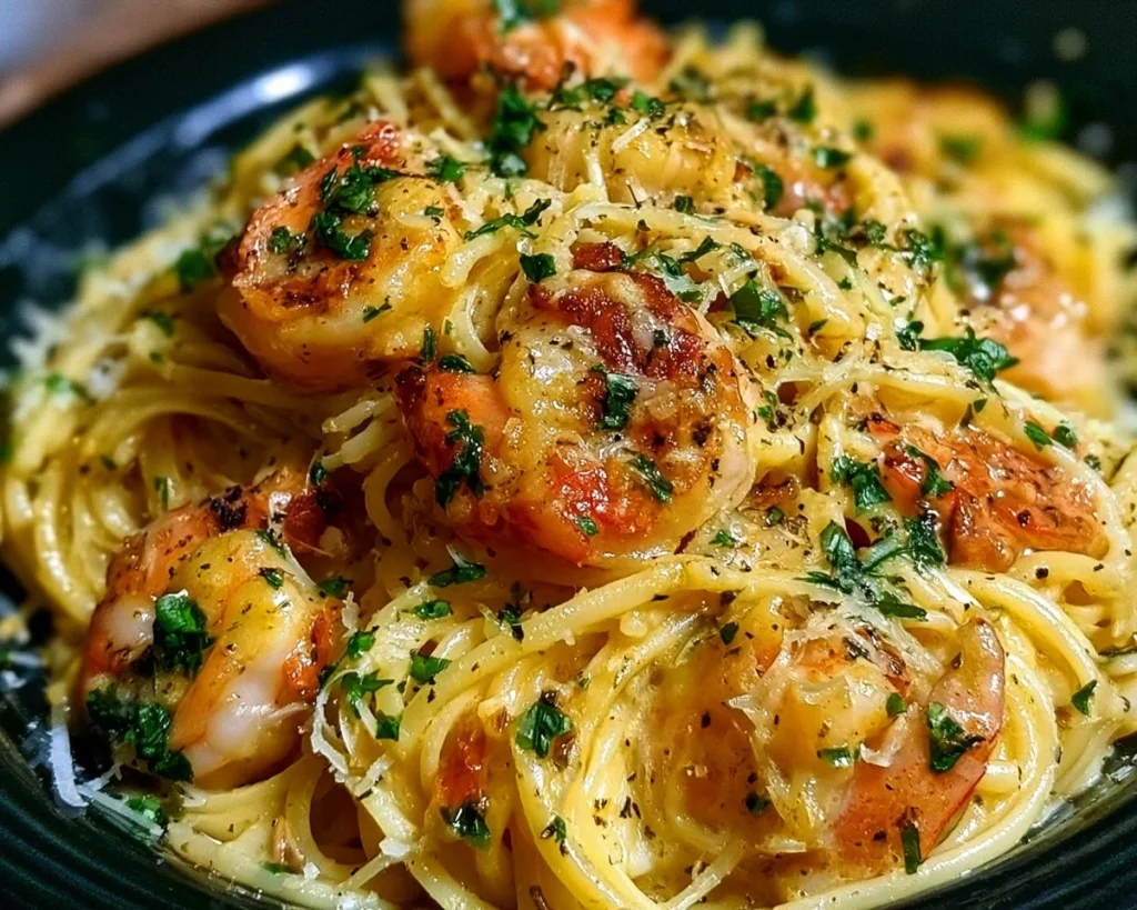 Delicious creamy garlic shrimp pasta garnished with fresh herbs