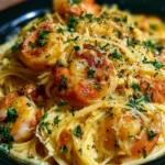 Delicious creamy garlic shrimp pasta garnished with fresh herbs