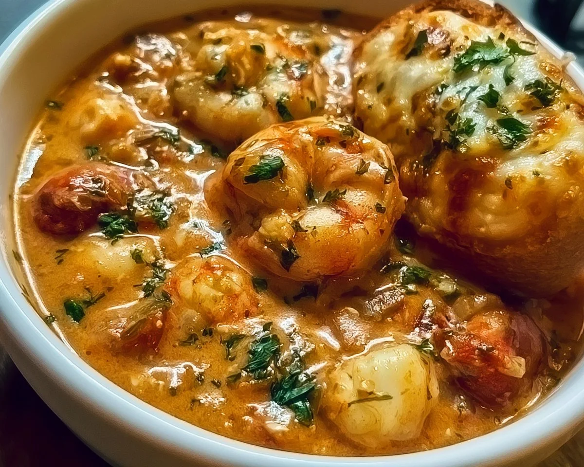 Creamy seafood and shrimp chili served in a bowl for a cozy night in