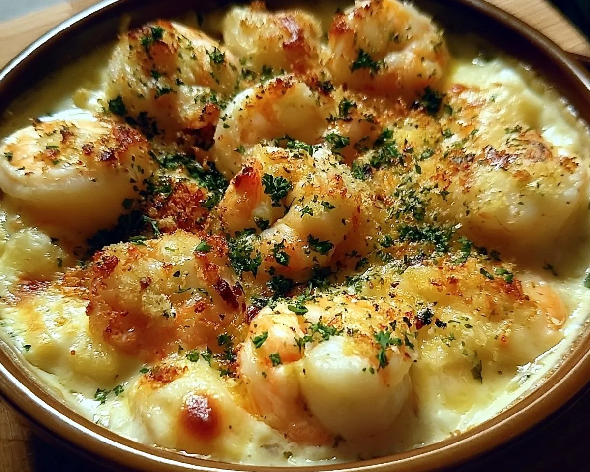 Creamy seafood gratin with shrimp, scallops, and a cheesy topping baked to perfection.