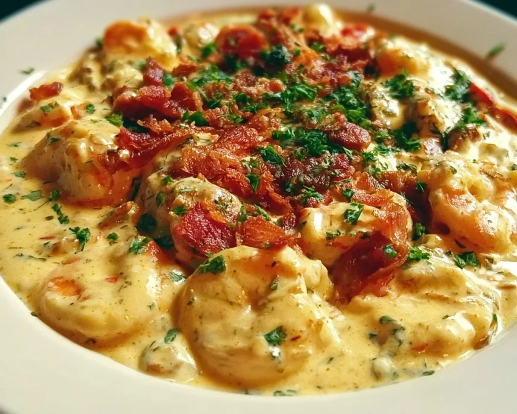 Delicious creamy Seafood Newburg served in a bowl with a garnish of parsley.