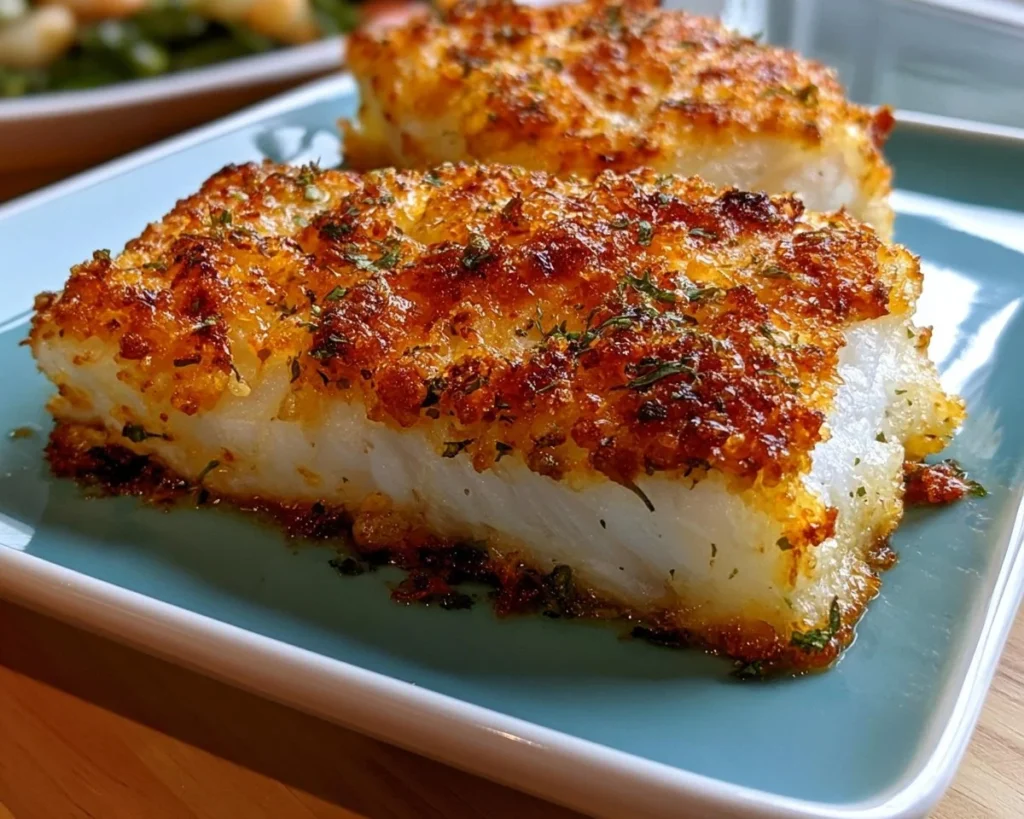 Crispy and flaky air fryer cod placed on a plate with lemon slices and herbs