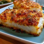 Crispy and flaky air fryer cod placed on a plate with lemon slices and herbs