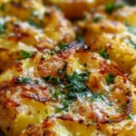 Crispy garlic butter parmesan smashed potatoes served on a plate