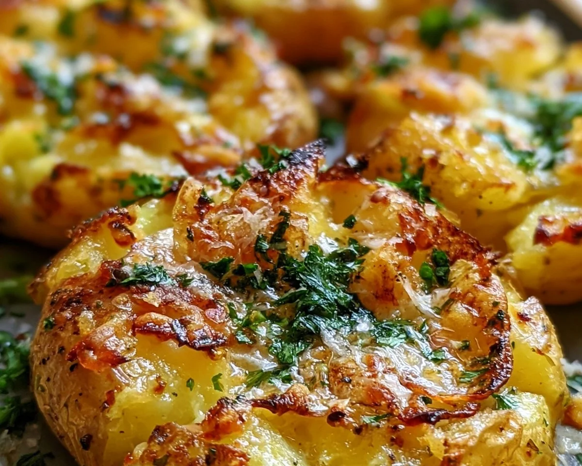 Crispy garlic butter parmesan smashed potatoes served on a plate