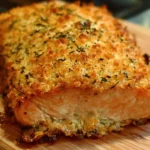Crispy Parmesan Crusted Baked Salmon served on a plate with lemon and herbs