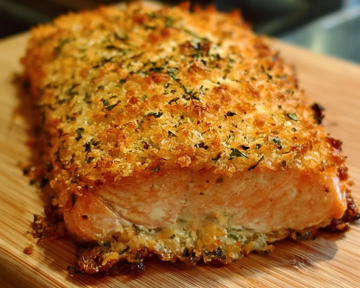 Crispy Parmesan Crusted Baked Salmon served on a plate with lemon and herbs