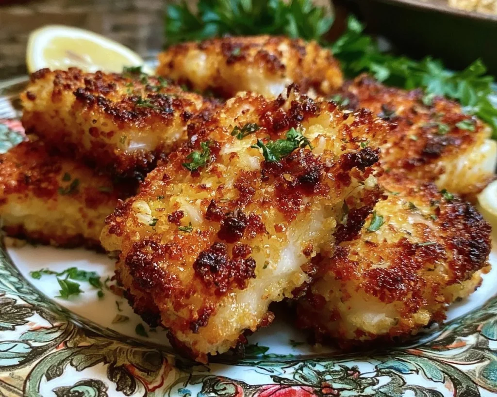 Crispy Parmesan crusted cod fillet on a plate with lemon and herbs