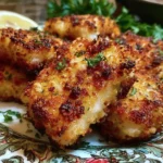 Crispy Parmesan crusted cod fillet on a plate with lemon and herbs