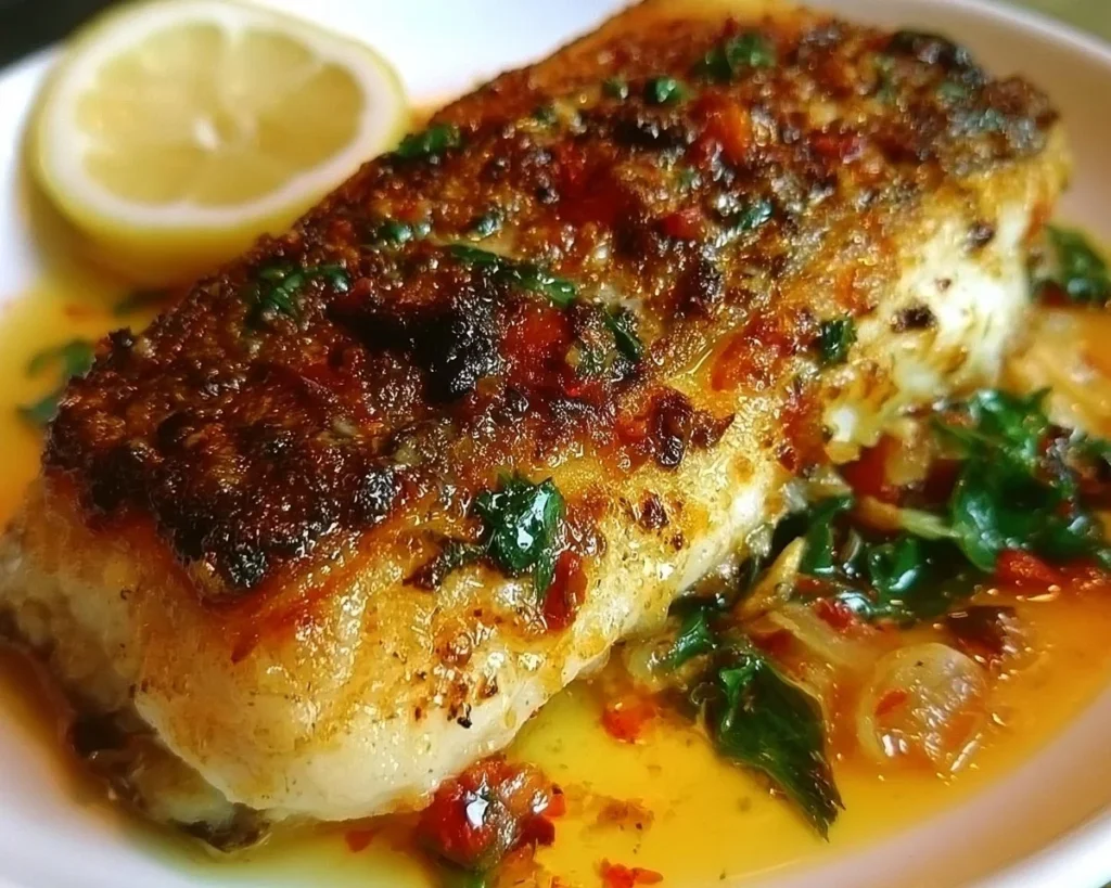 Crispy sea bass served with tangy lemon sauce on a plate