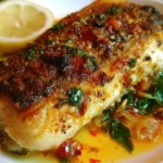 Crispy sea bass served with tangy lemon sauce on a plate