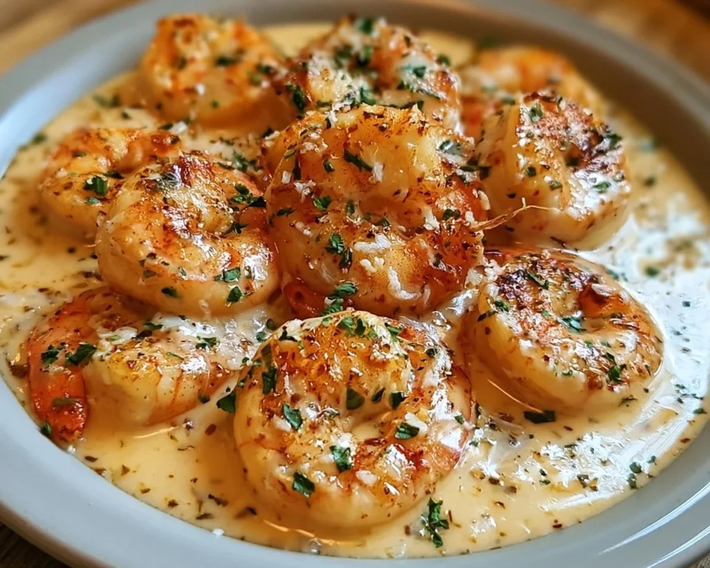 Plate of easy creamy garlic shrimp garnished with parsley