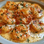 Plate of easy creamy garlic shrimp garnished with parsley