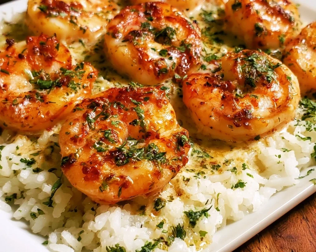 One-pan garlic butter shrimp served with rice on a plate