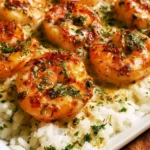 One-pan garlic butter shrimp served with rice on a plate