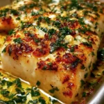 Oven baked garlic butter halibut garnished with herbs and lemon