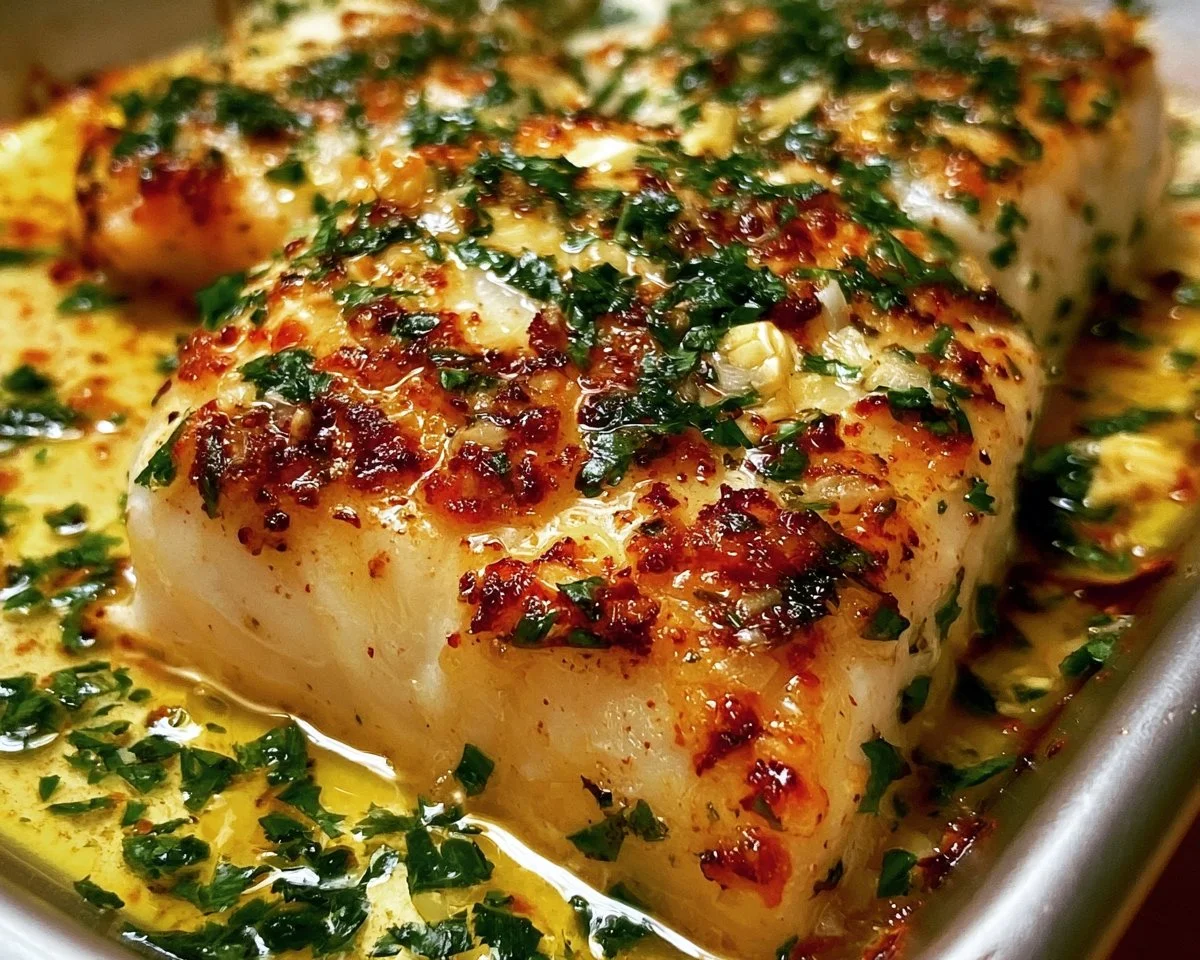 Oven baked garlic butter halibut garnished with herbs and lemon