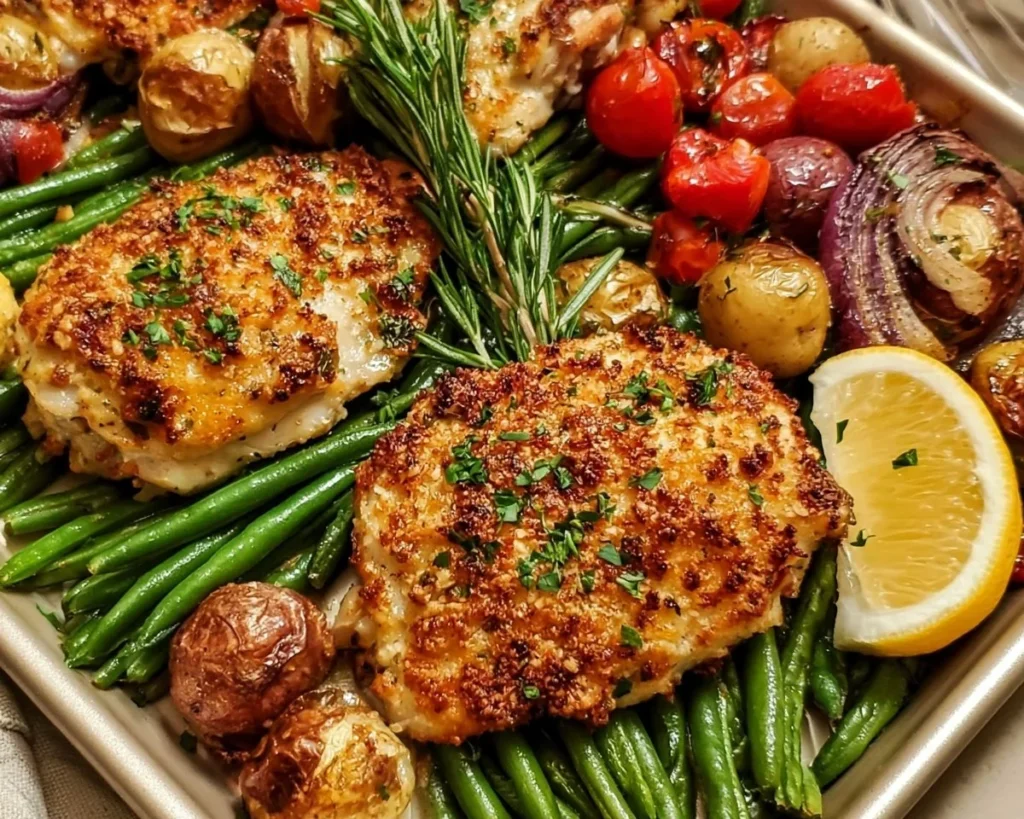 Parmesan crusted chicken thigh dinner with green beans on a sheet pan