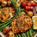 Parmesan crusted chicken thigh dinner with green beans on a sheet pan