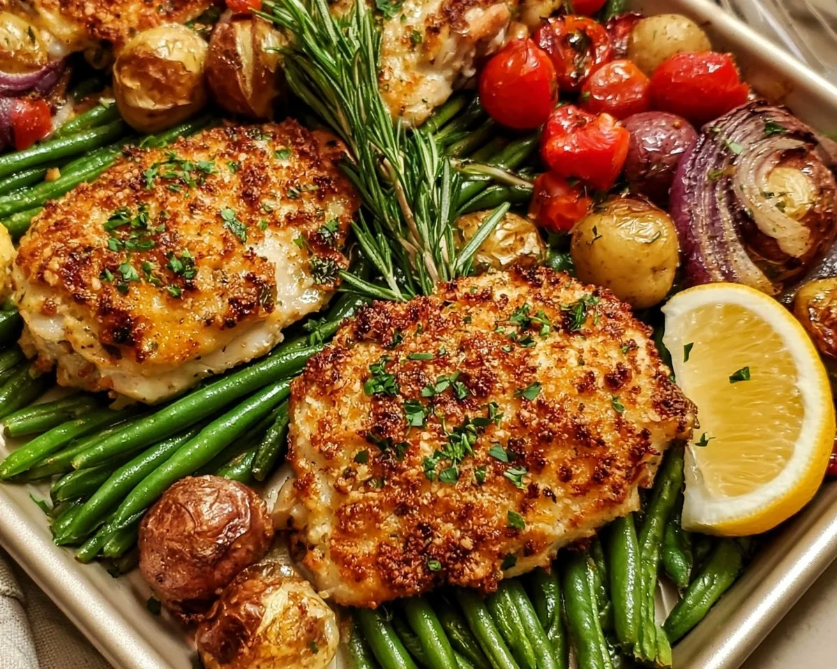 Parmesan crusted chicken thigh dinner with green beans on a sheet pan