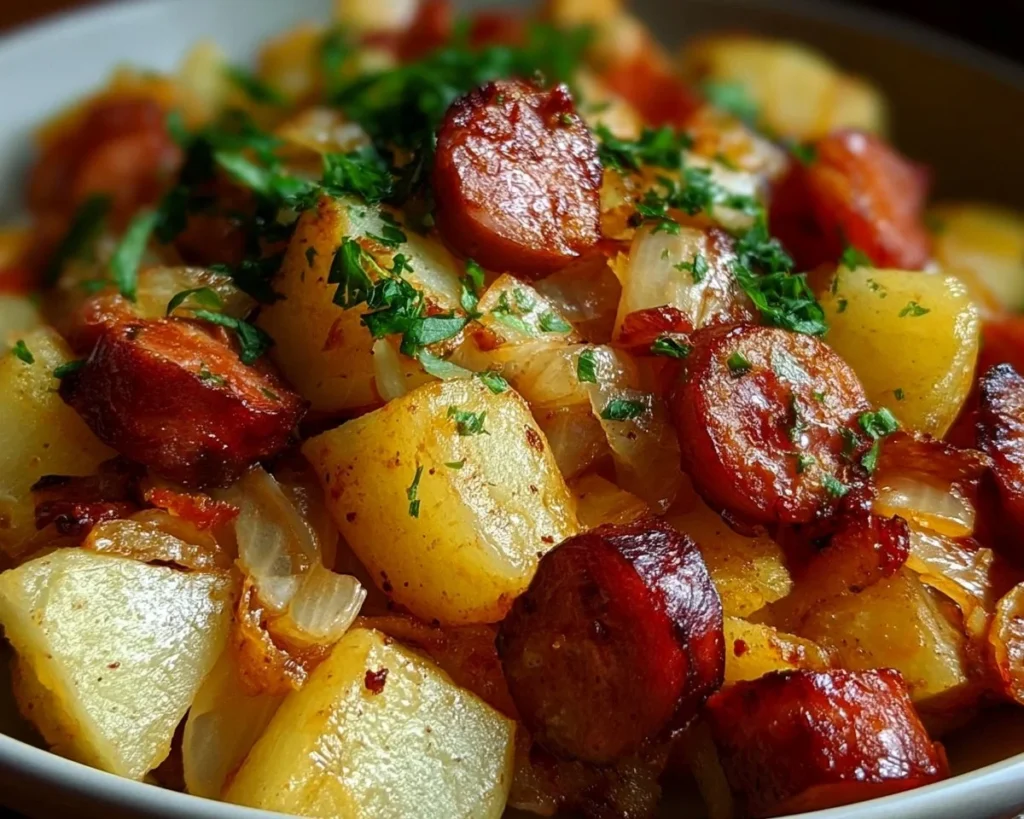 Delicious fried potatoes with onions and Smoked Polish sausage on a plate