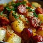 Delicious fried potatoes with onions and Smoked Polish sausage on a plate