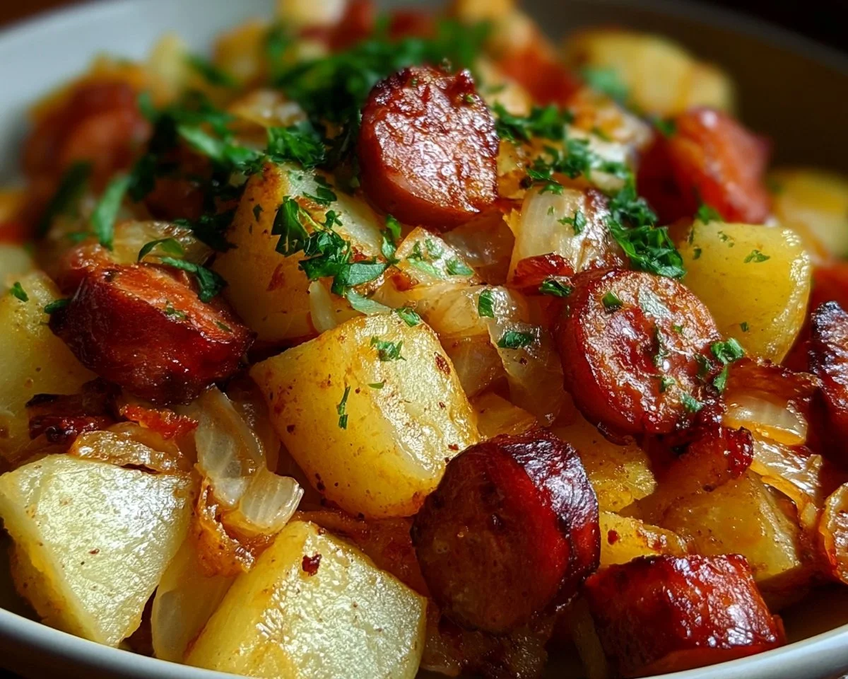 Delicious fried potatoes with onions and Smoked Polish sausage on a plate