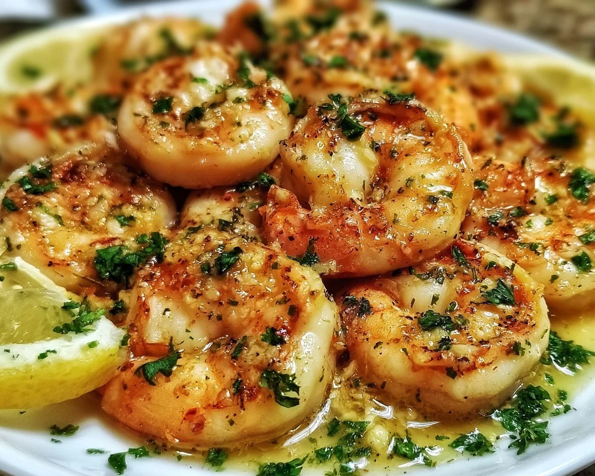 Delicious garlic butter shrimp scampi served with pasta and herbs