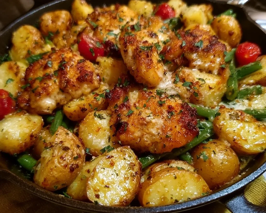 Garlic Parmesan Chicken and Potatoes Skillet served in a cast iron pan
