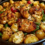 Garlic Parmesan Chicken and Potatoes Skillet served in a cast iron pan