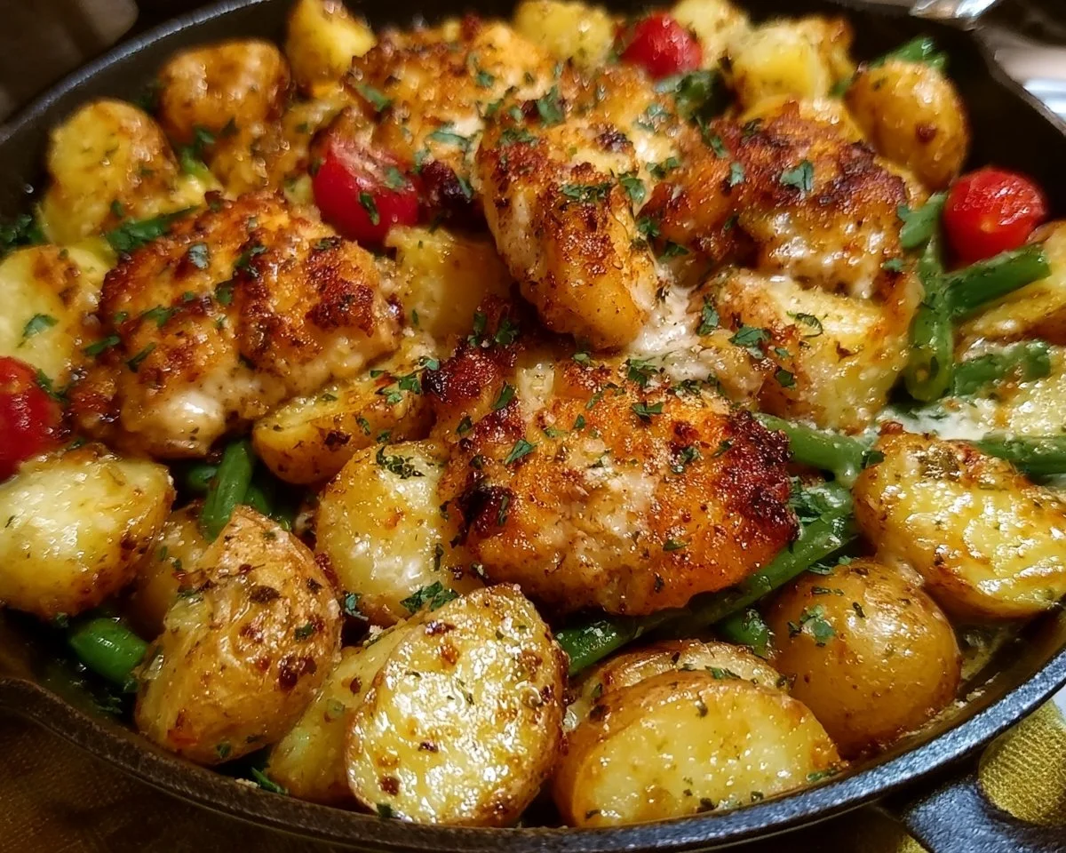 Garlic Parmesan Chicken and Potatoes Skillet served in a cast iron pan