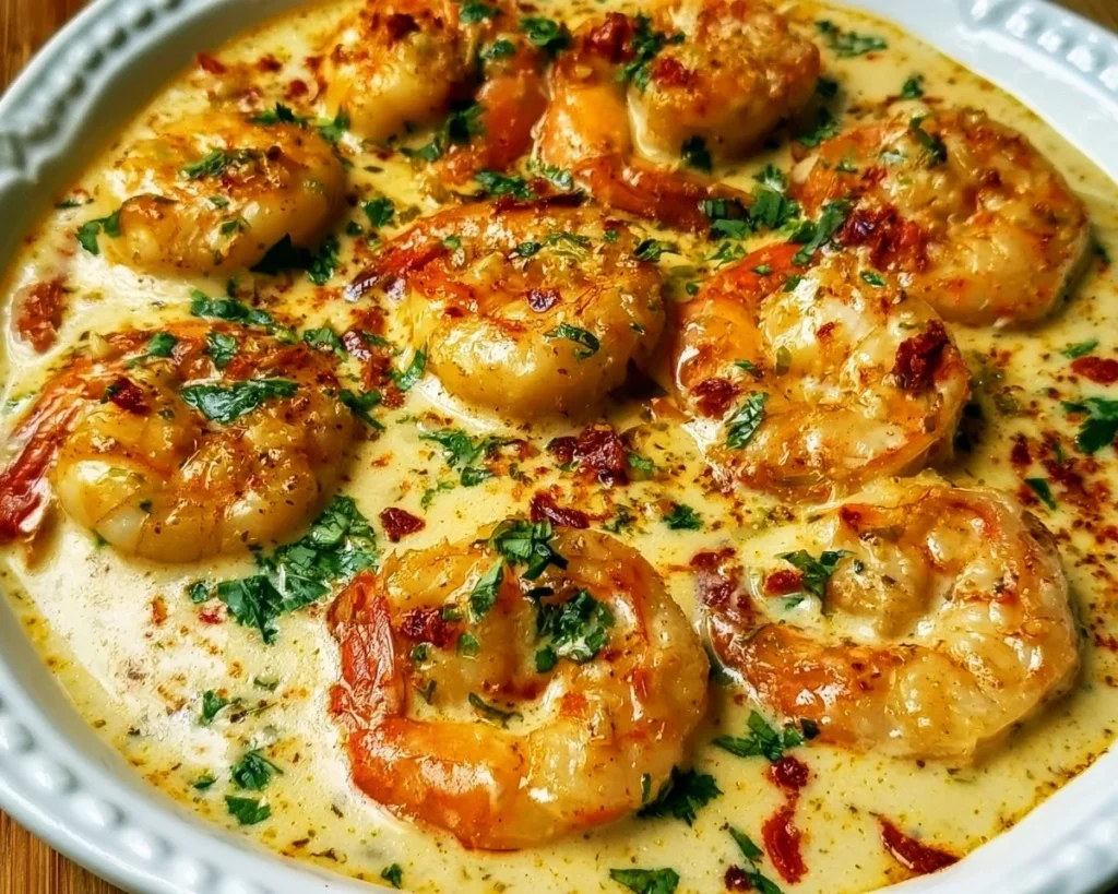 Delicious garlic shrimp cooked in creamy coconut milk sauce