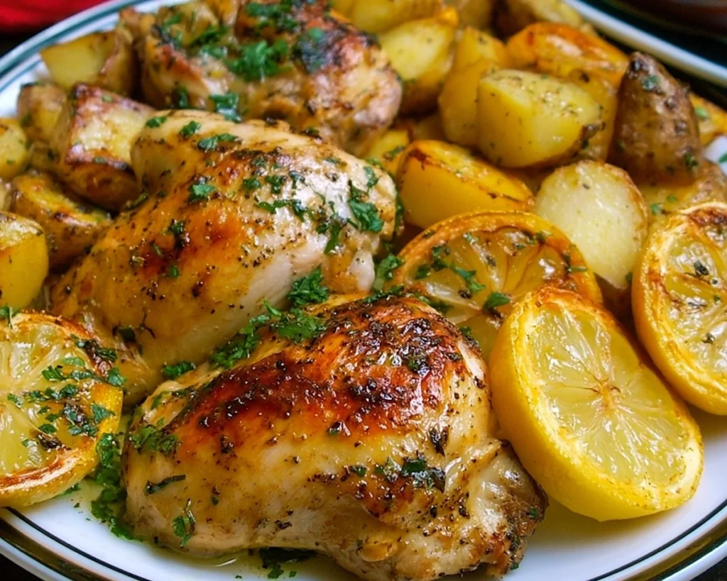 Delicious Greek chicken and potatoes dish ready to serve, showcasing vibrant Mediterranean flavors.