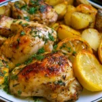 Delicious Greek chicken and potatoes dish ready to serve, showcasing vibrant Mediterranean flavors.