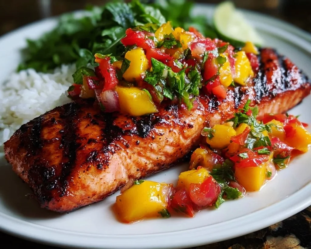 Grilled salmon fillet topped with vibrant mango salsa on a plate.