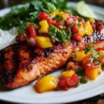 Grilled salmon fillet topped with vibrant mango salsa on a plate.