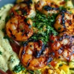 Creamy grilled shrimp bowl served in a colorful dish with vegetables.