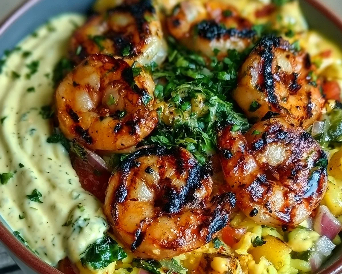 Creamy grilled shrimp bowl served in a colorful dish with vegetables.